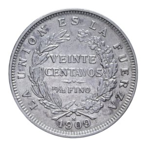 reverse: BOLIVIA 20 CENT. 1909 AG. 3,96 GR. BB+