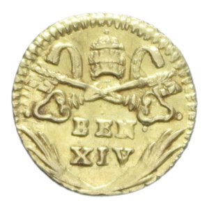 reverse: ROMA BENEDETTO XIV (1740-1758) MEZZO SCUDO NC AU. 0,90 GR. MIR. 2594 BB+