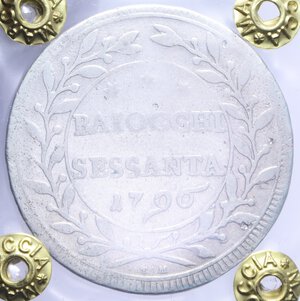 reverse: ROMA PIO VI (1775-1799) 60 BAIOCCHI 1796 A. XXIII MI. qBB (SIGILLATA MARCOCCIA)