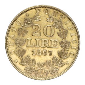 reverse: ROMA PIO IX (1846-1870) 20 LIRE 1867 XXII AU. 6,46 GR. qSPL (COLPETTO)