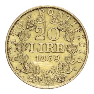 reverse: ROMA PIO IX (1846-1870) 20 LIRE 1869 XXIII AU. 6,45 GR. BB/BB-SPL (SEGNI)