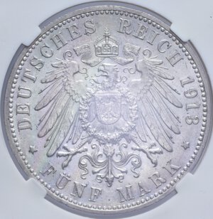 reverse: GERMANIA WURTTEMBERG WILHELM II 5 MARK 1913  F AG. 27,60 GR. MS61 (CLASSICAL COIN GRADING AA258715)