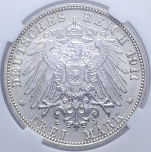 reverse: GERMANIA WURTTEMBERG WILHELM II 3 MARK 1911 F AG. 16,50 GR. MS64 (CLASSICAL COIN GRADING AA177708)