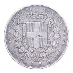 reverse: VITT. EMANUELE II (1849-1861) 5 LIRE 1850 GENOVA R AG. 24,71 GR. BB