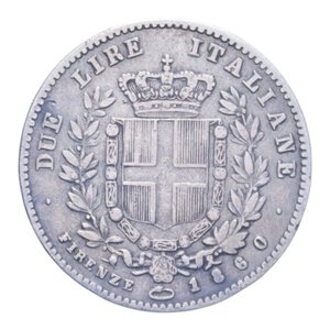 reverse: VITT. EMANUELE II (1849-1861) 2 LIRE 1860 FIRENZE R AG. qBB/BB