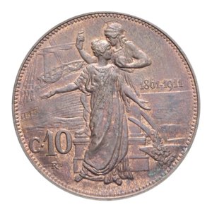 reverse: VITT. EMANUELE III (1900-1943) 10 CENT. 1911 CINQUANTENARIO 9,97 GR. FDC ROSSO