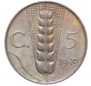 reverse: VITT. EMANUELE III (1900-1943) 5 CENT. 1919 SPIGA NC CU. 3,30 GR. SPL-FDC