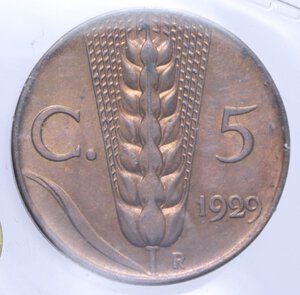 reverse: VITT. EMANUELE III (1900-1943) 5 CENT. 1929 SPIGA CU. 3,25 GR. FDC (SIGILLATA ZAMBONI)