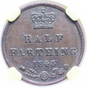 reverse: GRAN BRETAGNA VICTORIA 1/2 FARTHING 1843 CU. 2,30 GR. AU58 (CLASSICAL COIN GRADING AA466578)