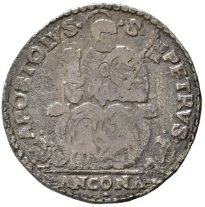 reverse: ANCONA. Stato Pontificio. Gregorio XIII (1572-1585). Testone con San Pietro seduto. Ag (8,53 g). MIR 1204. MB