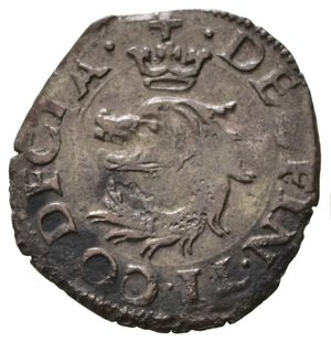 obverse: DESANA. Delfino Tizzone (1583-1598). Liard 1583 o 1585. Mi (0,77 g). Delfino coronato - Croce gigliata. MIR 513. RR. SPL 