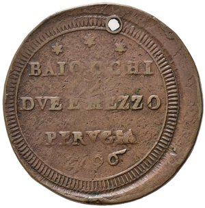 obverse: PERUGIA. Stato Pontificio. Pio VI (1775-1799). Sampietrino da 2,5 Baiocchi 1796. Cu (17,78 g - 34,60 g). Coniato su tondello da 5 baiocchi. Foro. BB
