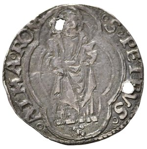 reverse: ROMA. Stato pontificio. Giulio II (1503-1513). Terzo di giulio con San Pietro. Ag (1,14 g). MIR 566. Doppio forellino. Raro. MB