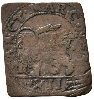 reverse: VENEZIA. Bertucci Valier (1656-1658). Prova di conio del 12 soldi su lamina in rame (3,35 g - 22,5 x 24,93 mm). Rarissimo e in buona conservazione.