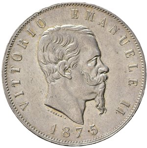 obverse: Regno d Italia. Vittorio Emanuele II. 5 lire 1875 M. Ag. Lieve colpetto al bordo. SPL+