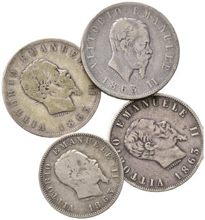 obverse: Regno d Italia. Vittorio Emanuele II. Lotto di 4 monete. Ag. 2 lire 1863 N; 2 lire 1863 T; 2 Lire 1863 N; 1 lira 1863 M. MB
