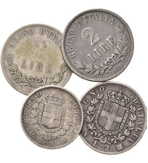 reverse: Regno d Italia. Vittorio Emanuele II. Lotto di 4 monete. Ag. 2 lire 1863 N; 2 lire 1863 T; 2 Lire 1863 N; 1 lira 1863 M. MB