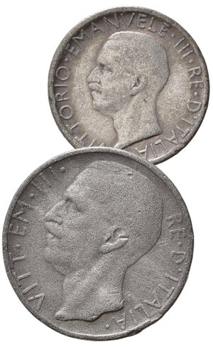 reverse: Regno d Italia. Vittorio Emanuele III. Lotto di 2 Falsi d epoca. 5 lire 1929 e 10 lire 1928. MB