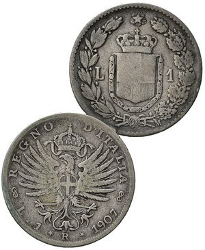 reverse: Regno d Italia. Lotto di 2 monete da 1 lira (1887-1907). Ag. MB