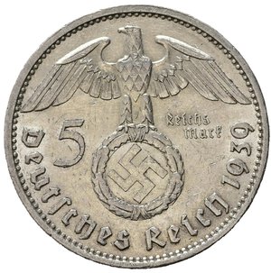 obverse: GERMANIA. Terzo Reich. 5 Reichsmark 1939 E. Ag. SPL