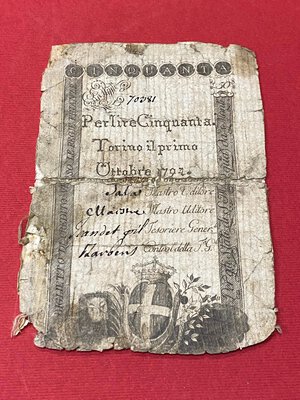 obverse: Regno di Sardegna. 50 lire Regie Finanze 1794 Torino. MB