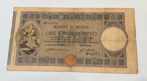 obverse: Banco di Sicilia. Biglietto al portatore. 500 Lire 2° tipo. Decreto 27 dicembre 1909. Chiarchiaro - Mallo. Gig. BDS 9D. RRRR. MB