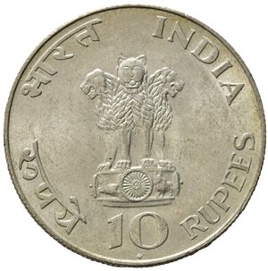 obverse: INDIA. 10 rupie, 1969. 100° anniversario - Nascita di Mahatma Gandhi. Argento 0.800, 15g, ø 34mm. KM# 185. qFDC