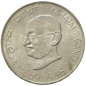 reverse: INDIA. 10 rupie, 1969. 100° anniversario - Nascita di Mahatma Gandhi. Argento 0.800, 15g, ø 34mm. KM# 185. qFDC