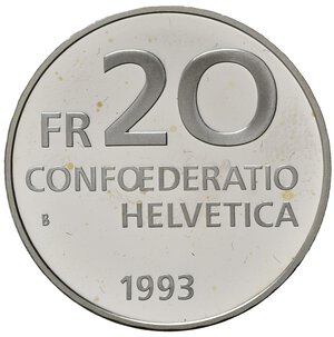 obverse: SVIZZERA. 20 Francs 1993. 500° anniversario - Nascita di Paracelso. Ag. KM#73. Proof