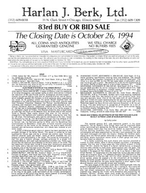obverse: BERK  HARLAN J. - Chicago,26 - October, 1994. 83 bid sale. Coins - Antiquities.  Pp. n.n. nn.994, tavv. 34 b\n e colori. ril ed ottimo stato, importante documentazione
