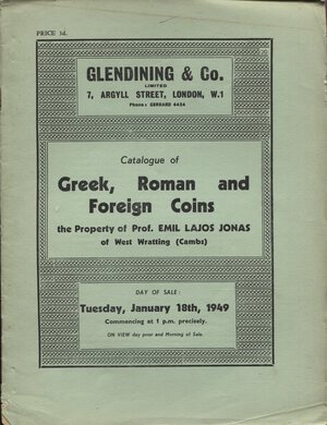 obverse: GLENDINING &  CO. London, 18 – Juanary, 1949. Collection Prof. EMIL LAJOS JONAS. Greek, roman and foreign coins. Pp. 23, nn. 234. Ril. editoriale, buono stato, Spring, 215. Manville - Robertson,. 2.