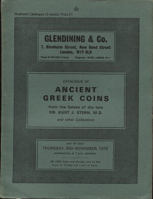obverse: GLENDINING & CO. – London, 20 – November, 1975. Collection Kurt  J. Stern. Ancient greek coins.  Pp. 20,  nn. 801 – 965,  tavv. 9. Ril. ed. lista prezzi val. e agg. buono stato. Manville\Robertson, 46.