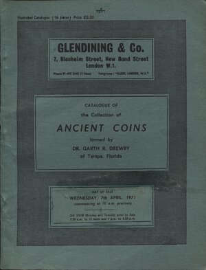 obverse: GLENDINING & CO.  London, 7 – April, 1971. Catalogue of the collection of ancient coins formed  by  DR.  Garth R. Drewry. Pp. 64, nn. 590, tavv. 16. Ril. editoriale, buono stato, prezzi Agg. manoscritti, Spring, 252. Manville - Robertson, 11. 