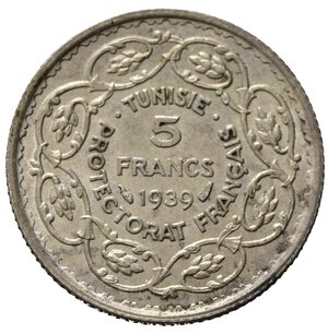obverse: TUNISIA. Protettorato francese. 5 Francs 1939. Ag. SPL