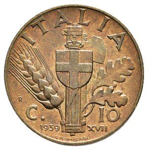 obverse: Vittorio Emanuele III - 10 Centesimi Impero 1939 Bronzo FDC  Macchia