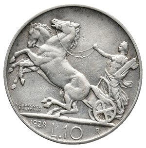 obverse: Vittorio Emanuele III - 10 Lire Biga argento 1928 1 rosetta BB Tracce pulizia