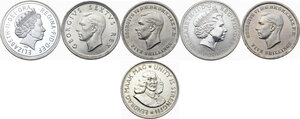 obverse: Great Britain. Lot of six (6) crowns: George VI: 5 shillings 1948 (Suid-Afrika), 5 shillings 1951 (2), (Eendrag Maak Mag) 50 cents 1961 (Suid-Afrika), Elizabeth II: 2 pounds 1999, crown 2014