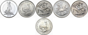 reverse: Great Britain. Lot of six (6) crowns: George VI: 5 shillings 1948 (Suid-Afrika), 5 shillings 1951 (2), (Eendrag Maak Mag) 50 cents 1961 (Suid-Afrika), Elizabeth II: 2 pounds 1999, crown 2014