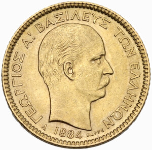 obverse: Greece.  George I of Greece (1863-1913). 20 drachmas 1884 A, Paris mint