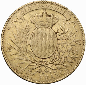 reverse: Monaco, Principality of .  Albert I (1889-1922). 100 francs 1891 A, Paris mint
