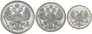obverse: Russia.  Nicholas II Romanov (1894-1917).. Lot of two (2) coins: 20 kopeks 1914, 15 kopeks 1915