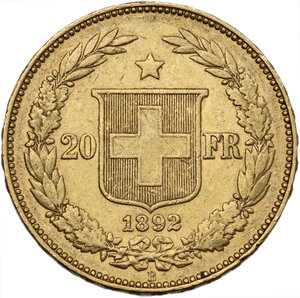 reverse: Switzerland.  Confederation (1848- ). 20 francs 1892 B, Bern mint