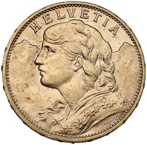 obverse: Switzerland.  Confederation (1848- ). 20 francs 1914 B, Bern mint