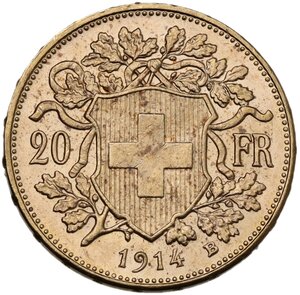 reverse: Switzerland.  Confederation (1848- ). 20 francs 1914 B, Bern mint