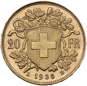 reverse: Switzerland.  Confederation (1848- ). 20 francs 1935 L B, Bern mint