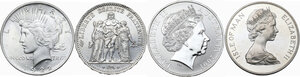 obverse: World Coins. Lot of four (4) AR coins: Australia Dollar 2001, France 5 francs 1877 A, Isle of Man crown 1952, USA dollar 1922