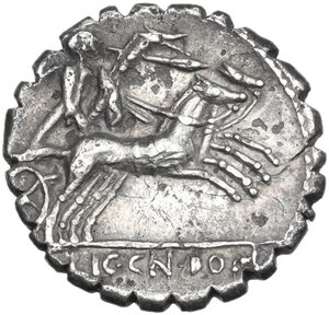reverse: L. Licinius Crassus, Cn. Domitius Ahenobarbus and L. Cosconius M.f.. AR Denarius serratus, Narbo mint, 118 BC
