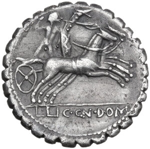 reverse: L. Licinius Crassus, Cn. Domitius Ahenobarbus and C. Malleolus. AR Denarius serratus, Narbo mint, 118 BC