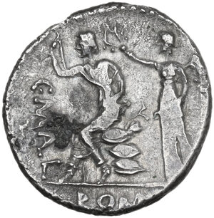 reverse: C. Publicius Malleolus, A. Postumius Sp. f. Albinus and L. Metellus. . AR Denarius, late 90s BC