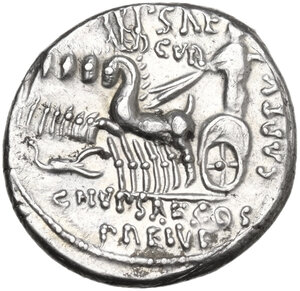 reverse: M. Aemilius Scaurus with Pub. Plautius Hypsaeus. . AR Denarius, 58 BC